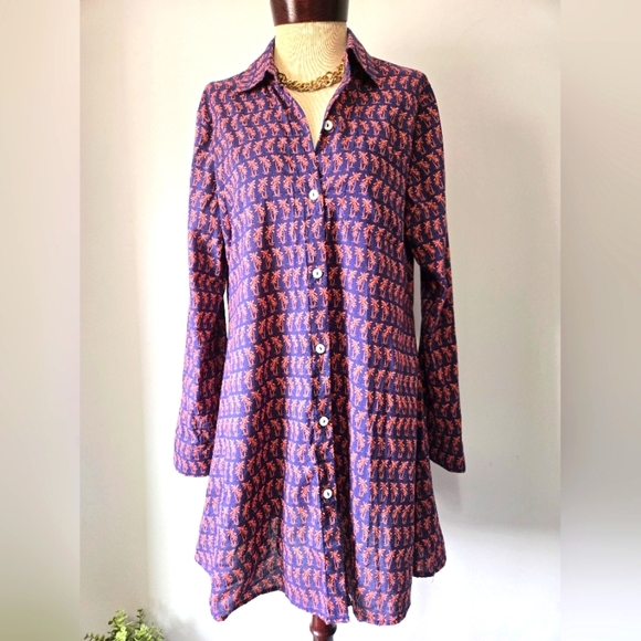 TOMMY BAHAMA Navy Cotton Button-Up Shirt Dress With Peach Palm Treea. Size Large - Picture 1 of 10
